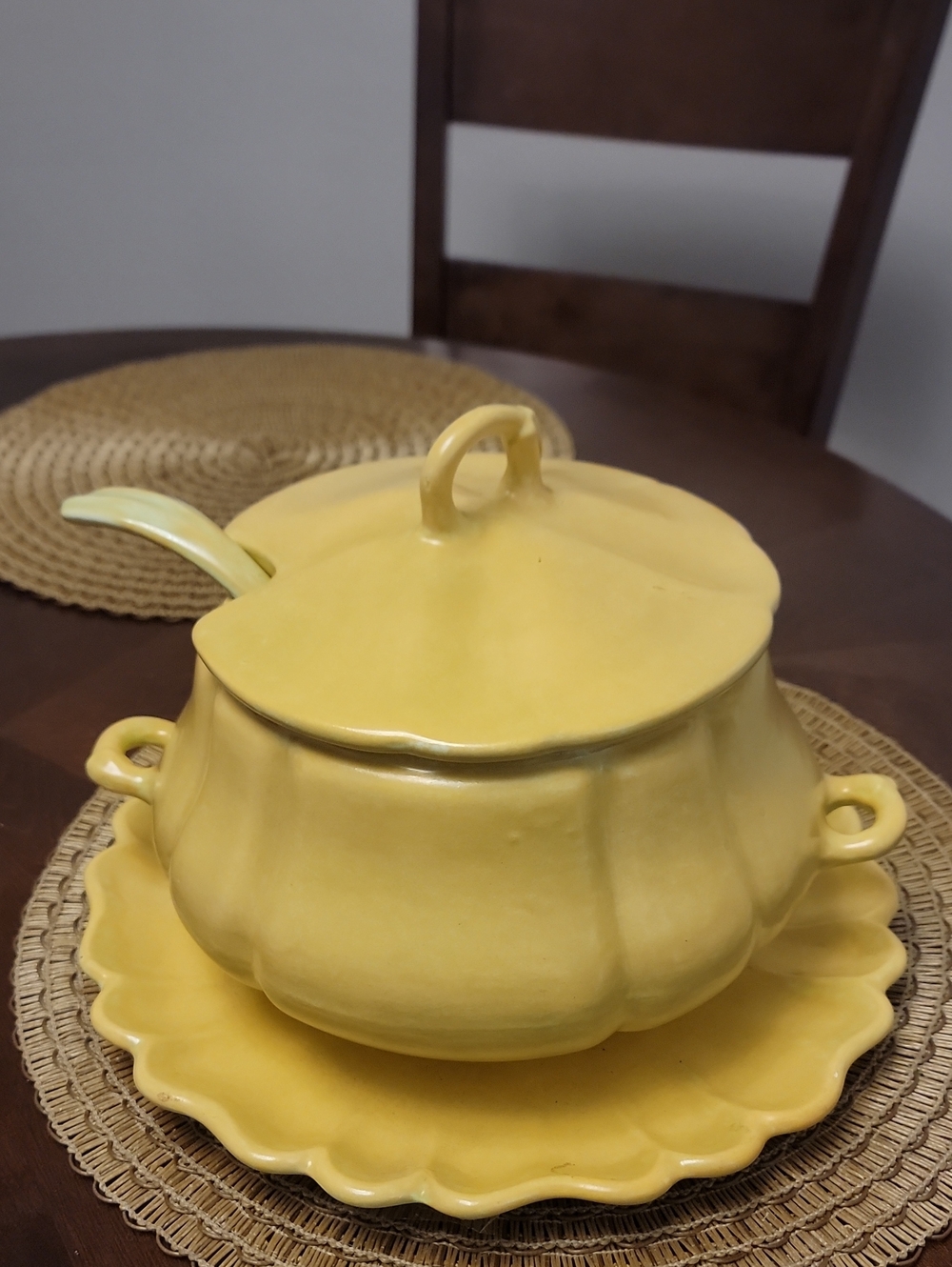 Yellow Ceramic Soup Tureen with Lid and Ladle